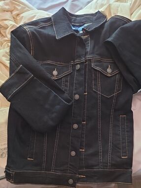 Arizona Jean Company Black Denim Jacket with Tan Contrast Stitching